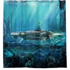 a painting of a submarine in the ocean with light coming from it's side