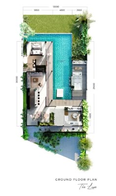 an aerial view of the ground plan for a house with swimming pool and outdoor furniture