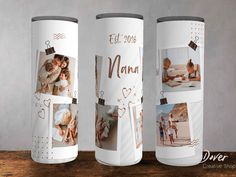 three white canisters with photos on them