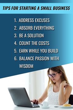 a woman working on her laptop with the words tips for starting a small business