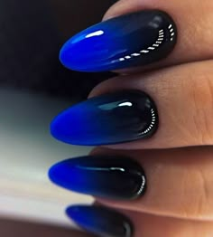 Black And Royal Blue Nails, Royal Blue Ombre Nails, Royal Blue Nails Designs, Oval Acrylic Nails, Dark Nail Designs, Black Ombre Nails, Blue Ombre Nails, Royal Blue Nails