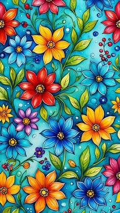 colorful flowers and leaves are painted on a blue background