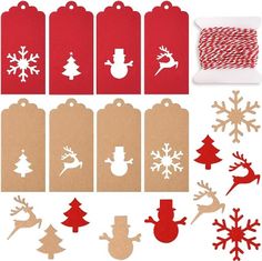 christmas gift tags with snowflakes, reindeers and trees cut out on them