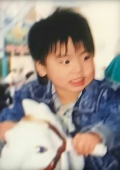 a young boy is playing with a toy horse