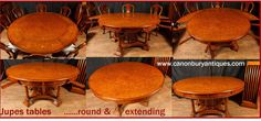 four pictures of the same table and chairs in different positions, all with round tops