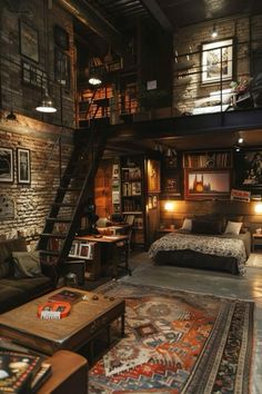 a loft bedroom with exposed brick walls and stairs leading up to the second story bed