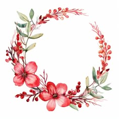 a watercolor wreath with red flowers and green leaves