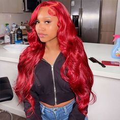 Model with vibrant red body wave Ishow glueless wig, featuring 13x4 pre-cut HD lace front and baby hairs, seated in a stylish room. Glamorous Hair, Red Wigs, Colored Wigs, Body Wave Wig, Body Wave Hair, Lace Hair, Lace Closure Wig, Front Lace Wigs Human Hair, Red Hair Color