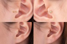 three different views of a woman's ear with two piercings on each side