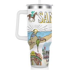 a white travel mug with an image of a horse on the beach and words san