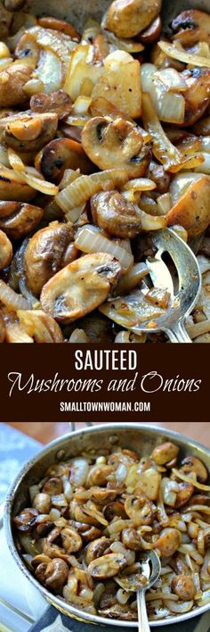 sauteed mushrooms and onions in a skillet with spoons on the side