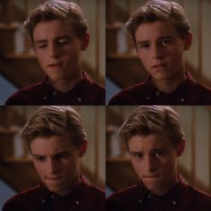 multiple shots of a young man with blonde hair and red shirt looking at the camera