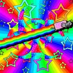 a rainbow colored background with stars and a black object in the middle that looks like a pencil