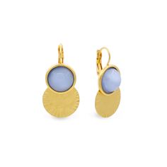 Gold hand-hammered dangle earrings with blue glass Studded Necklace, Jewelry Care Instructions, Lightweight Earrings, Round Design, Light Weight Earrings, Pure Silver, Glass Bead, Jewelry Care, Long Necklace