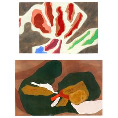 two paintings with different colors and shapes on them, one is green, the other is red