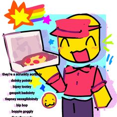 an image of a cartoon character holding a box with pizza in it's hand