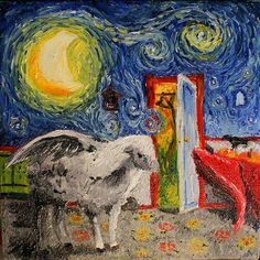 a painting of two cows standing in front of a door with the night sky and stars painted on it