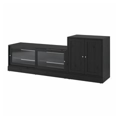 a black entertainment center with glass doors