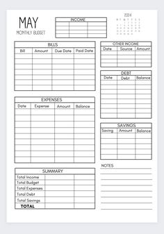 the printable may budget sheet is shown in black and white, with numbers on it