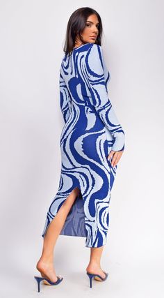 Midi length dress V neckline Long sleeves Abstract pattern 44 Viscose, 28% Polyester, 28% Rayon (Stretchy) Model's height: 5'6" Model wears size S Swirl Sweater, Sweater Midi Dress, Blue Swirl, Sweater Dress Midi, Midi Length Dress, Abstract Pattern, Midi Length, Swirl, Midi Dress