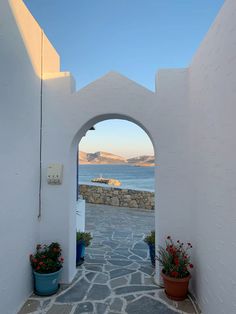 an archway leading to the ocean with potted plants