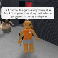 a cartoon character with an orange shirt and grey shorts is talking to someone in the background