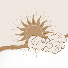 the sun and clouds are drawn in brown on a beige background with some white swirls