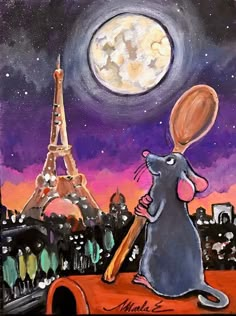 a painting of a mouse holding a wooden spoon in front of the eiffel tower