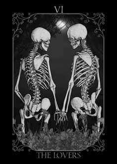 two skeletons standing next to each other in front of a black background with the words, the lovers