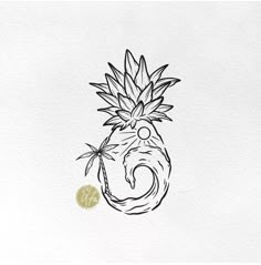 an ink drawing of a pineapple with leaves on it's head and the word,