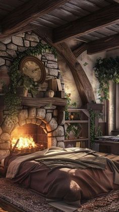 a bedroom with a fireplace and bed in the middle, surrounded by greenery on the walls