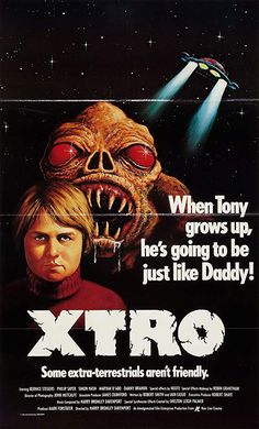 a movie poster for the film x - tro starring two men and an alien