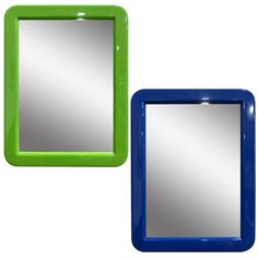 two blue and green mirrors sitting next to each other on a white surface with one mirror in the shape of a rectangle