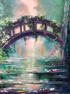 a painting of a bridge over water with flowers on it