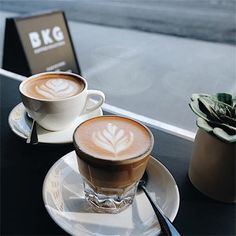 two cups of cappuccino sit on a table next to a potted plant