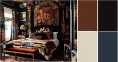 the bedroom is decorated in rich colors