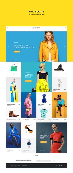 the shoploose website is displayed in yellow, blue and white colors with an image of