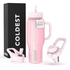 a pink insulated water bottle next to a black box with the words coldest on it