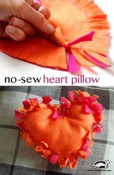 the heart is made out of felt and has pink, orange, green, yellow and red ruffles