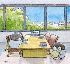 two cartoon characters sitting at a table in front of a window with an open laptop