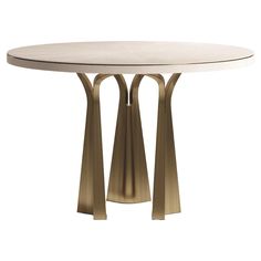 a round table with three curved legs and a white marble top, on a white background