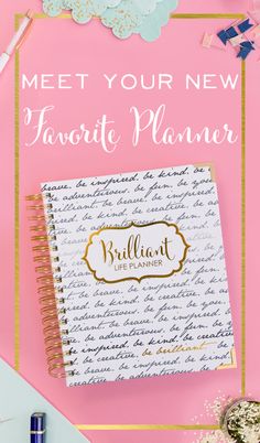 a pink and gold planner with the words meet your new favorite planner written on it