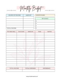 a printable budget sheet with the words,'money bill'and an image of a