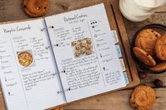 an open recipe book with cookies and milk