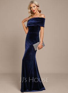 [AU$164.00] Sheath/Column Off-the-Shoulder Floor-Length Velvet Evening Dress With Ruffle Velvet Bridal Party, Blue Velvet Dress Long, Blue Velvet Evening Gown, Blue Velvet Cocktail Dress, Blue Velvet Midi Dress, Velvet Mermaid Dress, Navy Blue Velvet Dress, Velvet Evening Gown, Floral Velvet Dress