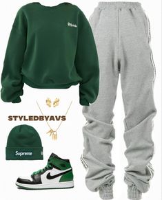 a green sweatshirt, grey sweatpants and white sneakers are featured in this outfit set