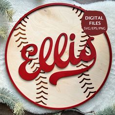 a wooden sign with the word eli's on it and a baseball in the background