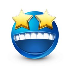 three gold stars on top of a blue ball with teeth in the shape of a smile