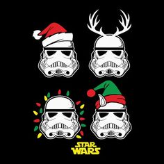 star wars christmas stickers are shown on a black background, including a storm trooper helmet and reindeer antlers