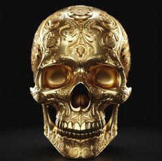 a gold skull with ornate designs on it's face